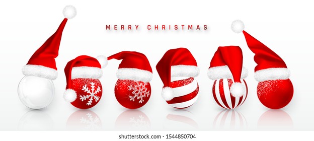 Christmas ball in Red Santa Claus hat isolated on white background. Holiday decoration template. Gradient mesh Santa Claus cap with fur. Vector illustration.