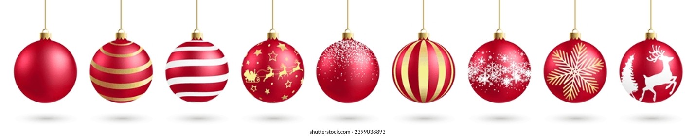 Christmas ball red set with different decoration effect isolated on white background, Christmas baubles hanging isolated. Collection different Christmas ball template. New year toy decoration