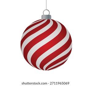 Christmas ball with red and white diagonal spiral