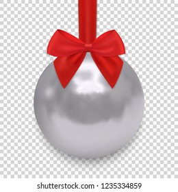 Christmas ball with ribbon and a bow, isolated on transparent background. Vector illustration.
