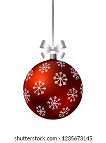 Christmas ball with ribbon and bow isolated on a white background. New Year decoration. Realistic vector illustration.
