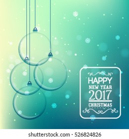 Christmas ball with ribbon and a bow, on winter background with snow and snowflakes. Merry Christmas and Happy New Year 2017. Greeting card template. Vector illustration.