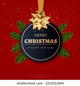 Christmas ball with ribbon and a bow,cutted from paper on red background. Merry Christmas and Happy New Year. Vector illustration.