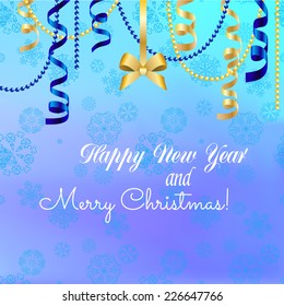Christmas Ball with Ribbon. Greeting card. Happy New Year and Merry Christmas. Xmas Decorations. Sparkles and bokeh. Shiny and glowing. Holiday Design for New Year Greeting Card