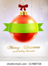 Christmas Ball with Ribbon. Xmas Decorations. Blur Silver Snowflakes. Holiday Design for New Year Greeting Cards, Posters and Flyers. Vector. 
