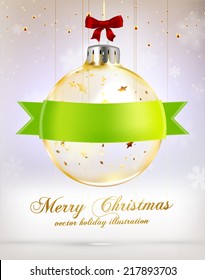 Christmas Ball with Ribbon. Xmas Decorations. Blur Silver Snowflakes. Holiday Design for New Year Greeting Cards, Posters and Flyers. Vector.