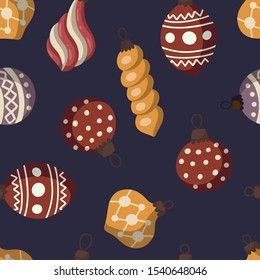 Christmas ball seamless pattern cartoon style with stripes and dots, flat design