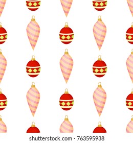 Christmas ball seamless pattern colourful winter holiday xmas decoration sphere new year festival flat design vector illustration. Festive bauble textile wrapping greeting ornament.