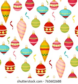Christmas ball seamless pattern colourful winter holiday xmas decoration sphere new year festival flat design vector illustration. Festive bauble textile wrapping greeting ornament.