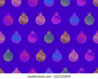 Christmas ball seamless pattern. Contours of gradient Christmas bauble with bows. Christmas tree decoration. Xmas design for greeting card, wrapping paper and banner. Vector illustration