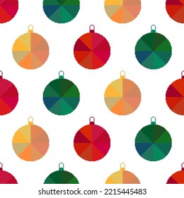 Christmas ball seamless pattern in pixel art style. 8 bit christmas balls. Colorful christmas tree toys in retro style. Retro design for fabric, wallpaper, wrapping paper, packing. Vector illustration