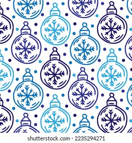Christmas ball seamless pattern in vintage style with blue of ball with snowflake
