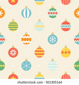 Christmas ball seamless pattern in vintage style with various pattern of ball such as stripe, snowflake, star, colourful flat design