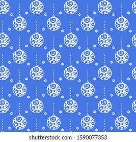 Christmas ball seamless pattern. Winter blue white simple monochrome vector background