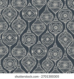 Bola de Natal sem emenda padrão. Xmas Wallpaper Ornamento Design. Ilustração de vetor de impressão de ano novo. Modelo de férias de inverno para papel de embrulho, têxteis, presentes, tecido. Não é IA