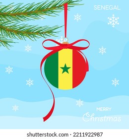 Christmas ball with the Senegal flag, decorates the Christmas tree branch. Illustration of a Christmas ball with the flag of Malta in a Christmas tree Senegal on a beautiful winter background. Vector 