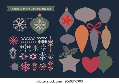 Christmas ball set constructor vector. Ornament and shapes