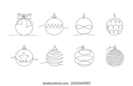 Christmas ball set, continues one single line hand drawing. Vector stock illustration isolated on white background for design template winter holiday banner, card, invitation. Editable stroke. EPS10