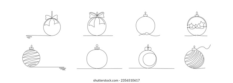 Christmas ball set, continues one single line hand drawing. Vector stock illustration isolated on white background for design template winter holiday banner, card, invitation. Editable stroke. EPS10