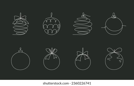 Juego de pelotas de Navidad, continúa un dibujo de una sola línea. Ilustración de material vectorial aislada en el fondo negro para el diseño plantilla de banner de vacaciones de invierno, tarjeta, invitación. Trazo editable. EPS10
