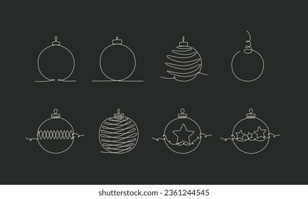 Juego de pelotas de Navidad, continúa un dibujo de una sola línea. Ilustración de material vectorial aislada en el fondo negro para el diseño plantilla de banner de vacaciones de invierno, tarjeta, invitación. Trazo editable. EPS10