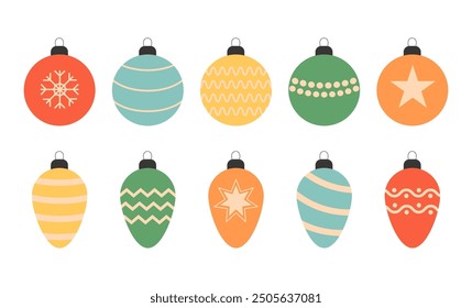 Christmas ball set. Different color, shape, pattern. Christmas tree toy decoration. Cute colorful round bauble toy collection. Happy New Year sign symbol. Flat design White background Isolated Vector