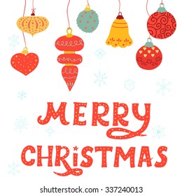 Christmas ball set with hand drawn lettering sing merry christmas. Elements for scrap-booking