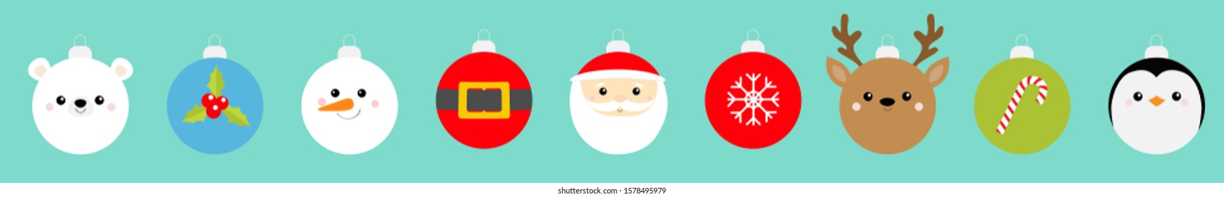 Christmas ball set line. Penguin, snowman, Santa Claus, bear, deer face. Belt, holly berry, snowflake candy cane. Bauble toy. Cartoon kawaii character. Happy New Year. Flat Blue background. Vector