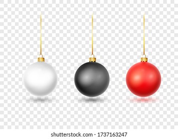 Christmas ball set. Red, black, white Christmas baubles isolated on white backgroundon white background. Christmas decorations