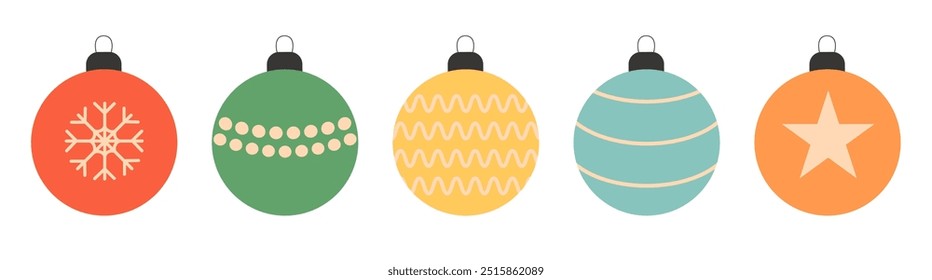 Christmas ball set. Round shape. Different color, pattern. Christmas tree toy decoration. Cute colorful round bauble toy collection. Happy New Year sign symbol. Flat design. White background. Vector