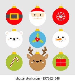 Christmas ball set. Santa Claus, bear, snowman, deer face. Belt, snowflake, holly berry, candy cane gift box. Cute bauble toy. Cartoon kawaii character. Happy New Year. Flat White background. Vector