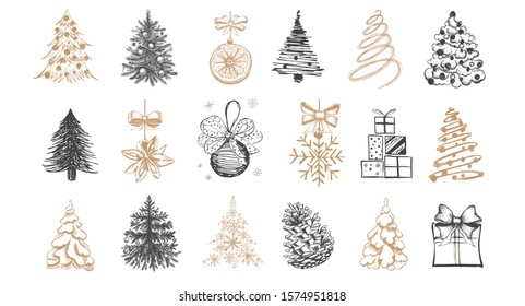 Christmas ball set. Christmas tree set.  Hand drawn illustration.