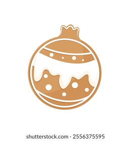 Christmas ball shaped Gingerbread Cookie with decorative icing. Traditional Christmas holiday cookies. Isolated a white background for card, postcard, cover. EPS 10