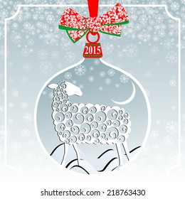 Christmas ball with sheep. Merry Christmas and Happy New Year Card. Colorful design. Vector illustration. 