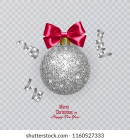 Christmas ball with shiny, silver texture and red bow. Vector illustration on transparent background