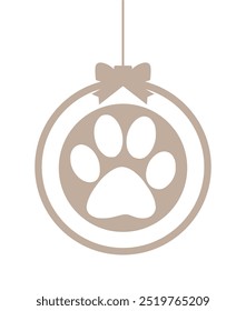 Christmas ball with Silhouette of animal's paw. Round template for gift and interior. Vector Holiday composition for laser cutting, paper cutting, wood, metal. EPS10.  