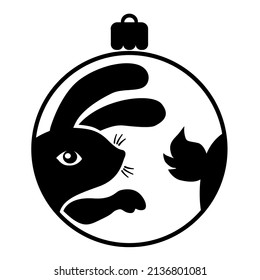 Christmas ball with a silhouette of a hare. Template for cutting, printing on a t-shirt, logo, greeting card for 2023