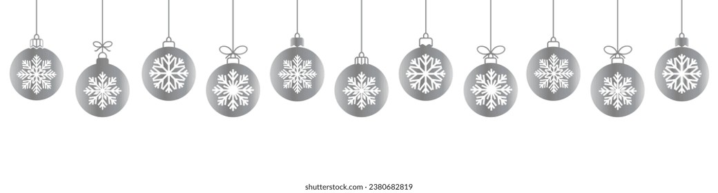 Christmas ball silver line icons.Set of simple silver christmas balls with a snowflakes .Holiday christmas decoration.Christmas and New Year seamless banner or border.