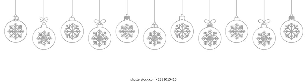 Christmas ball silver line icons.Set of simple silver christmas balls with a snowflakes .Holiday christmas decoration.Christmas and New Year seamless banner or border.