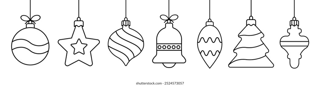 Bola de Navidad icono de línea simple. Bolas de Navidad frontera sin fisuras . Festiva decoración de Navidad. Fondo de Navidades de casamiento y feliz año Nuevo.