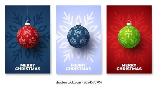 christmas ball simple poster set. Christmas set of backgrounds, greeting cards, web posters, holiday covers. Design with realistic New Year's eve.Vector illustration