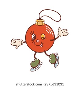 The Christmas ball is skating, smiling with its tongue out and winking. Cute Christmas character in old retro cartoon style. Vintage holiday illustration for sticker, poster, design elements.