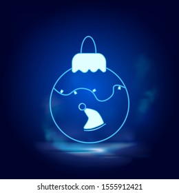 Christmas ball smoke effect neon icon. Cristmas decoration vector illustration isolated on blue.Vector neon icon illustration