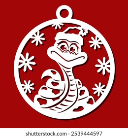 Christmas ball with snake, snowflakes. Round hanging decoration with 2025 Chinese New Year symbol. Vector template for plotter laser cutting of paper, fretwork, wood carving, metal engraving, cnc. 