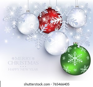 Christmas ball snow flake star red green vector, Merry Christmas, greeting card
