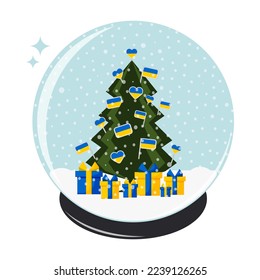 Christmas ball with snow isolated on white background. The Christmas tree is decorated with Ukrainian flags. Vector.