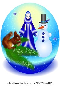 Christmas ball with Snow Maiden, snowman and squirrel on a branch.