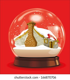 Christmas ball with snow and a small house with brick chimney vector