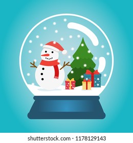 Christmas ball with snow snowman and a Christmas tree. Snow globe with gift boxes. Winter christmas vector illustration