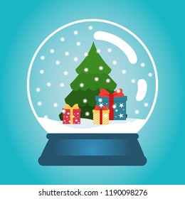 Christmas ball with snow and a Christmas tree. Snow globe with gift boxes. Winter christmas vector illustration.